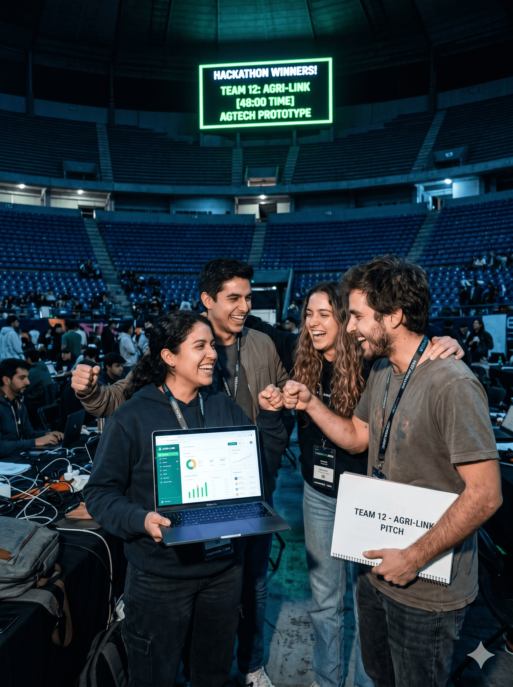 Equipo ganador de hackathon celebrando un prototipo en un estadio.