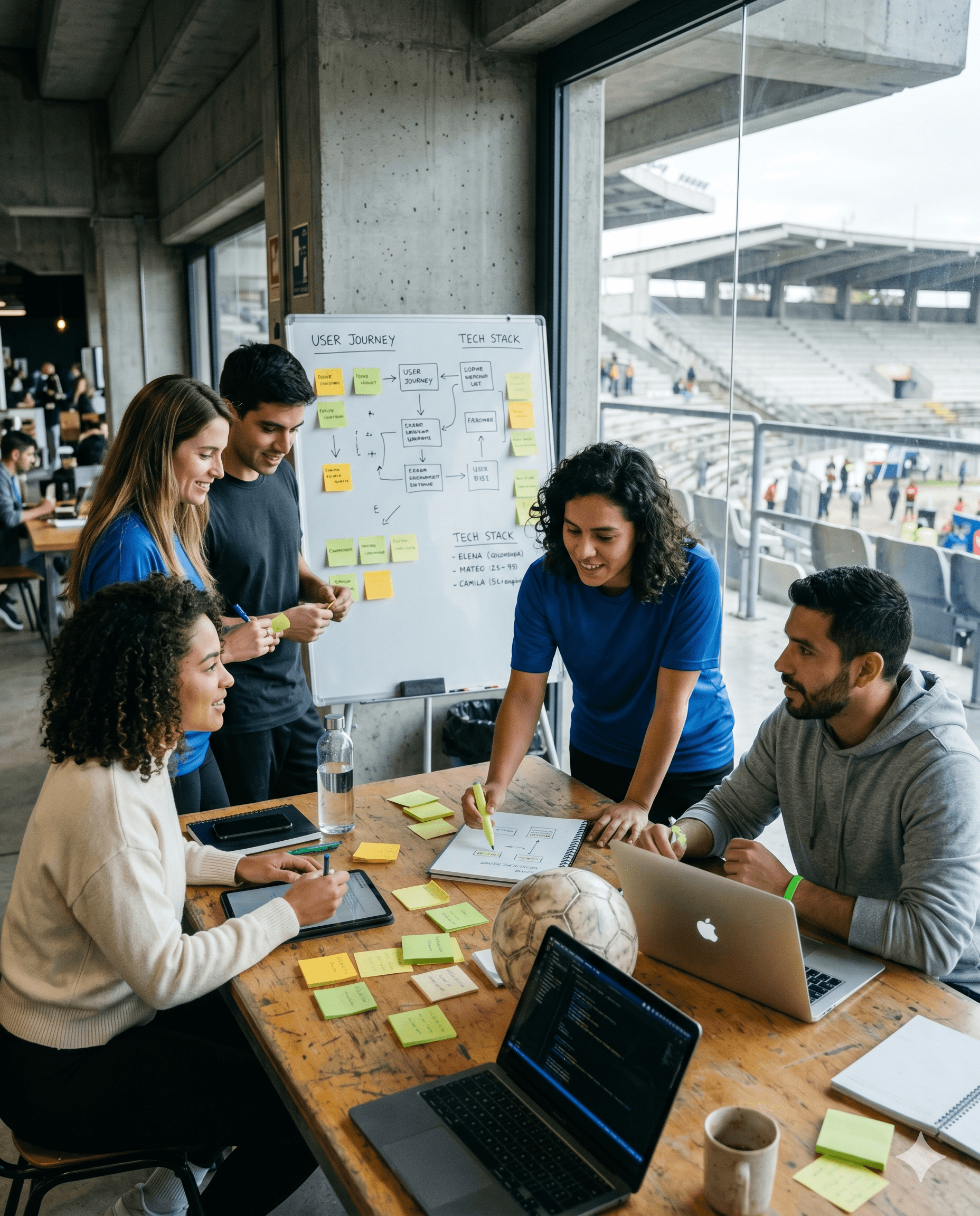 Equipo de fans y fundadores trabajando en user journey y prototipo dentro de un estadio.