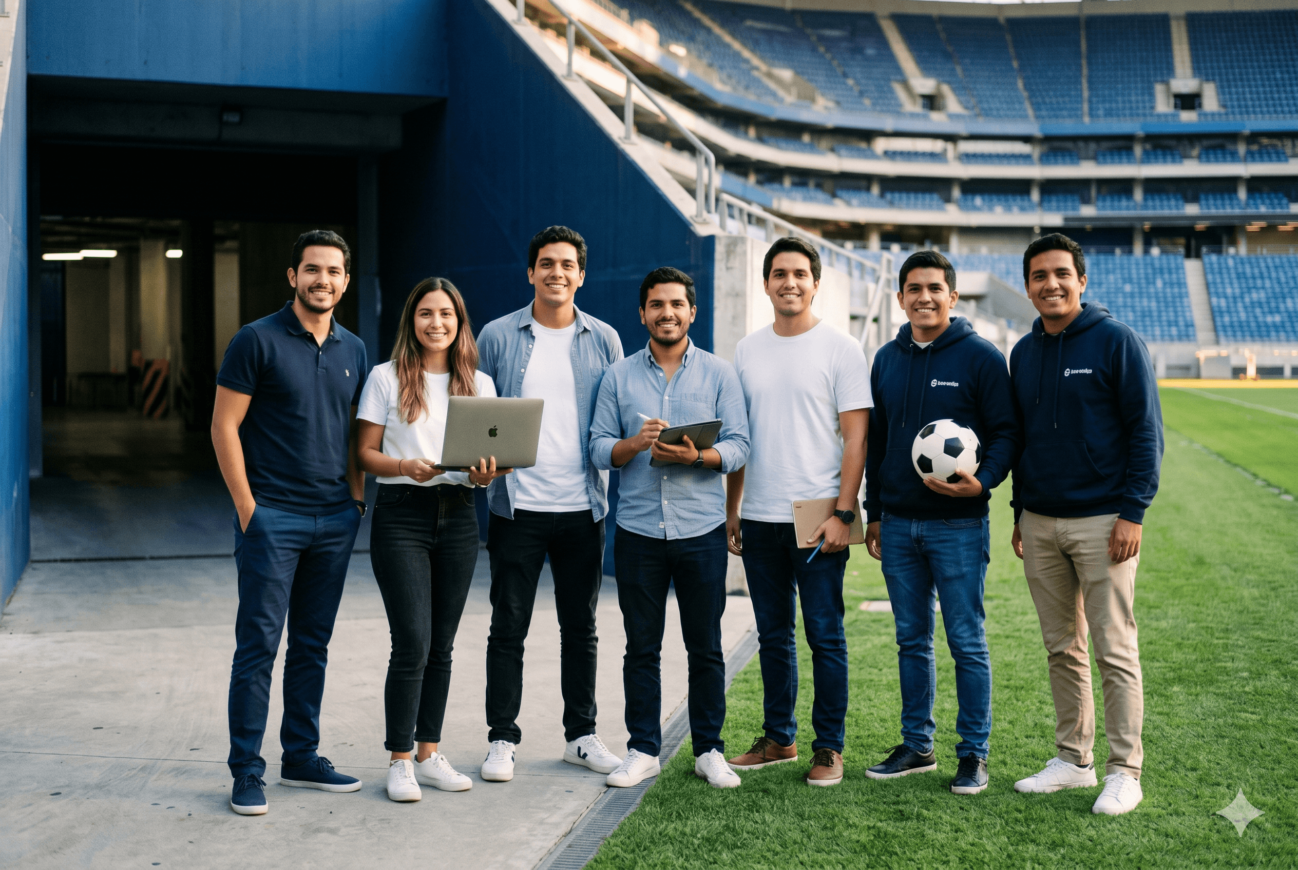 Comunidad de fundadores deportivos en una cancha con laptops, libreta y balón.
