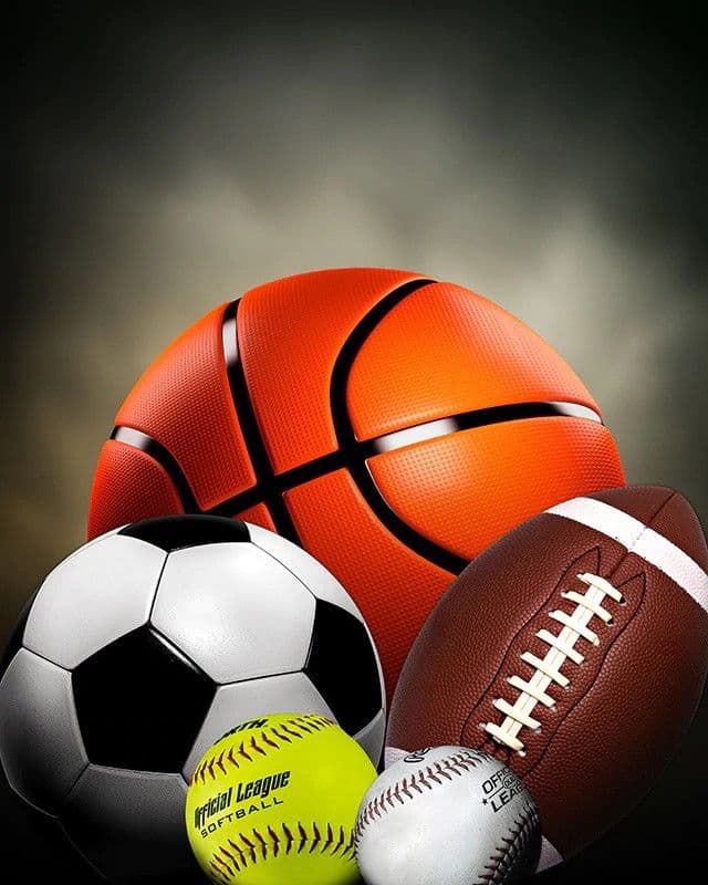 Conjunto de balones de fútbol, baloncesto, fútbol americano, béisbol y softbol.