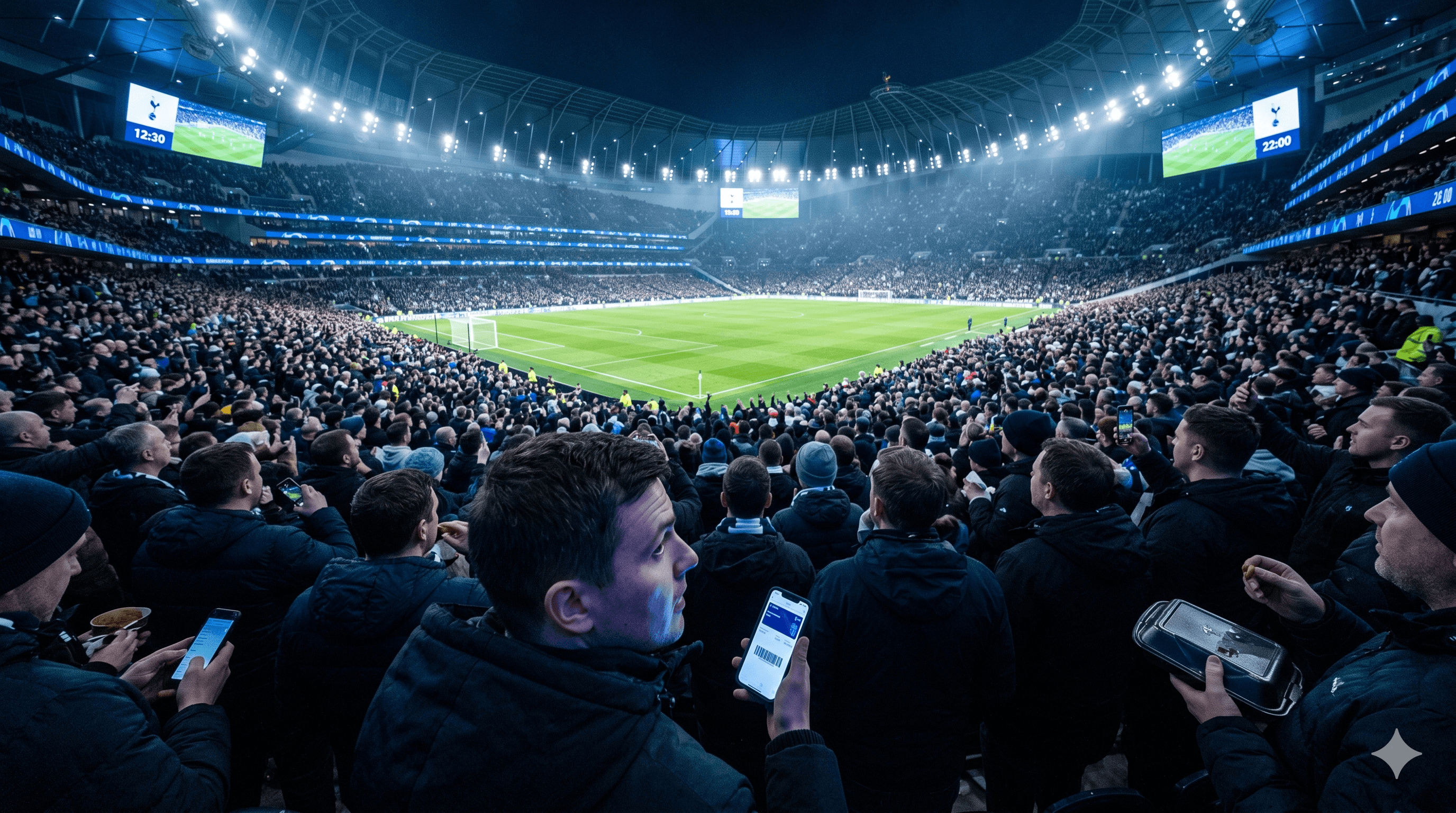 Tribuna llena de aficionados usando teléfonos durante un partido de fútbol.